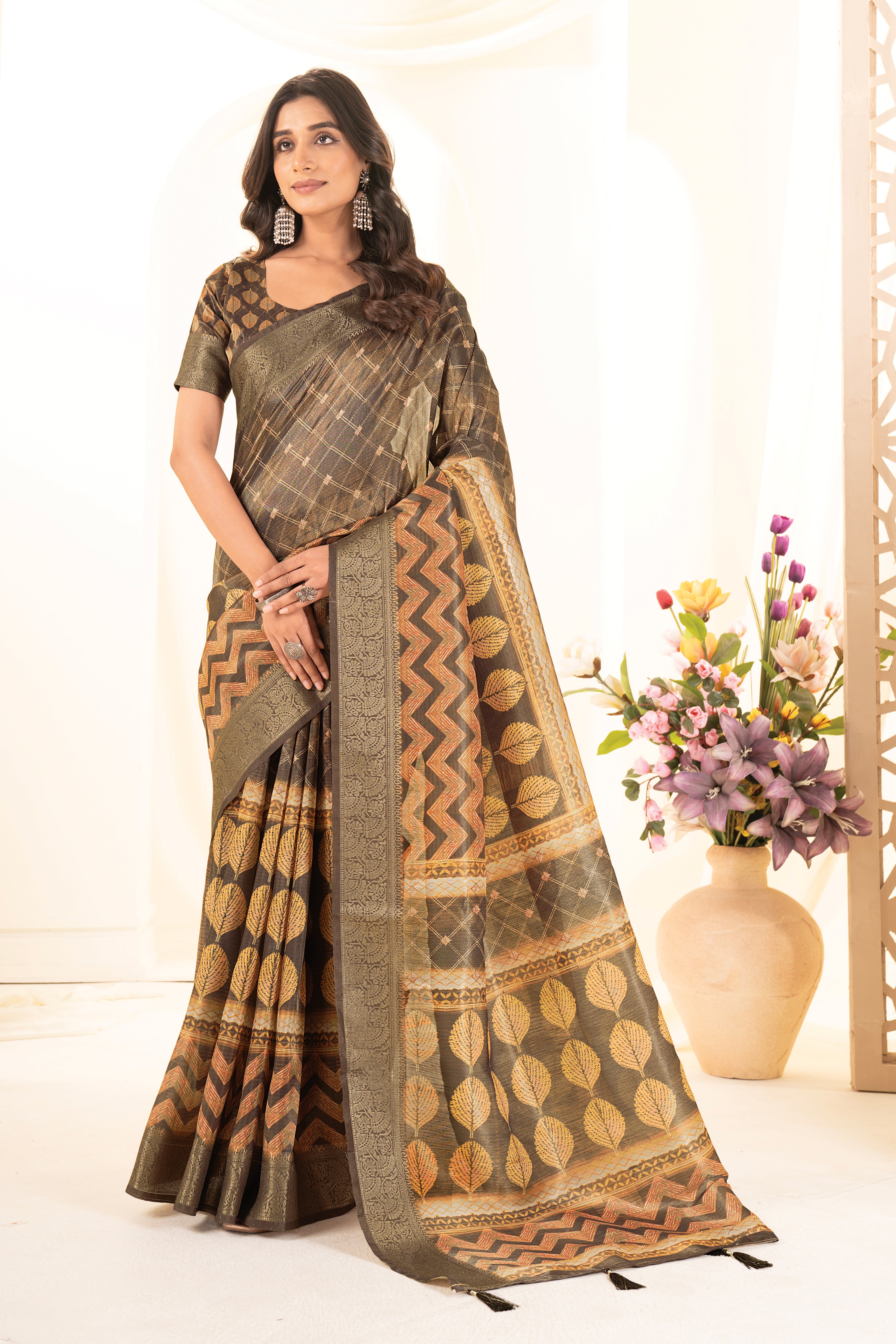 Green Orange Tussar Silk Ajrak Saree